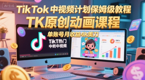 TikTok中视频计划保姆级教程，TK原创动画课程，单账号月收益4k美刀_超次元库