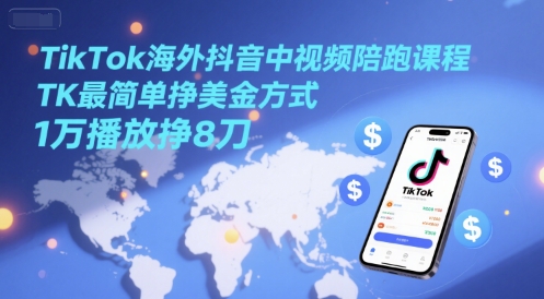 TikTok海外抖音中视频陪跑课程，TK最简单挣美金方式，1万播放挣8刀_超次元库