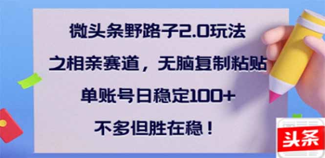 微头条野路子2.0玩法之相亲赛道，无脑搬砖复制粘贴，单账号日稳定300+…_超次元库
