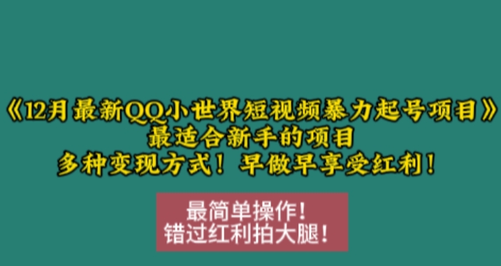 12月最新QQ小世界短视频暴力起号项目，最适合新手的项目，多种变现方式_超次元库