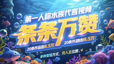 第一人称水族代言视频，条条万赞，20条作品涨粉7.8W，多种变现方式月入五位数_超次元库